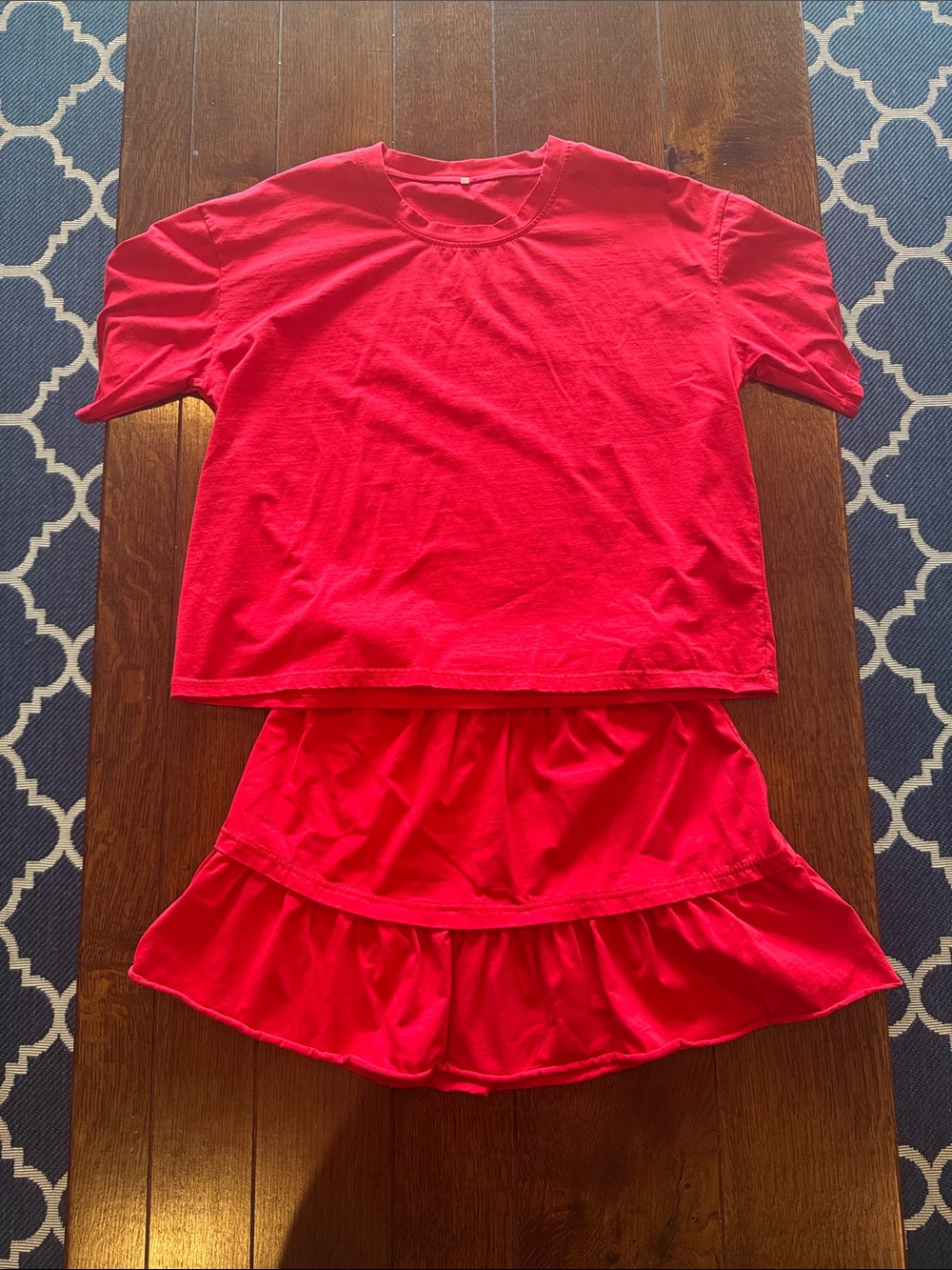WORN ONCE Amazon Red Two-Piece Skirt Set - Short Sleeve Top & Tiered Mini Skirt
